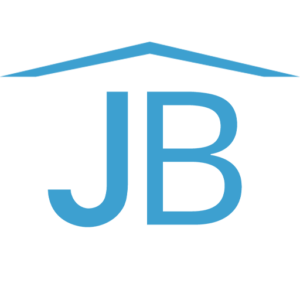 A blue and black logo of jb homes