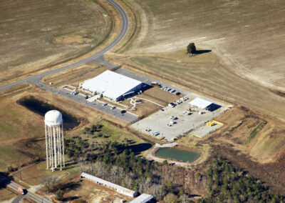 An aerial view of a water tower.